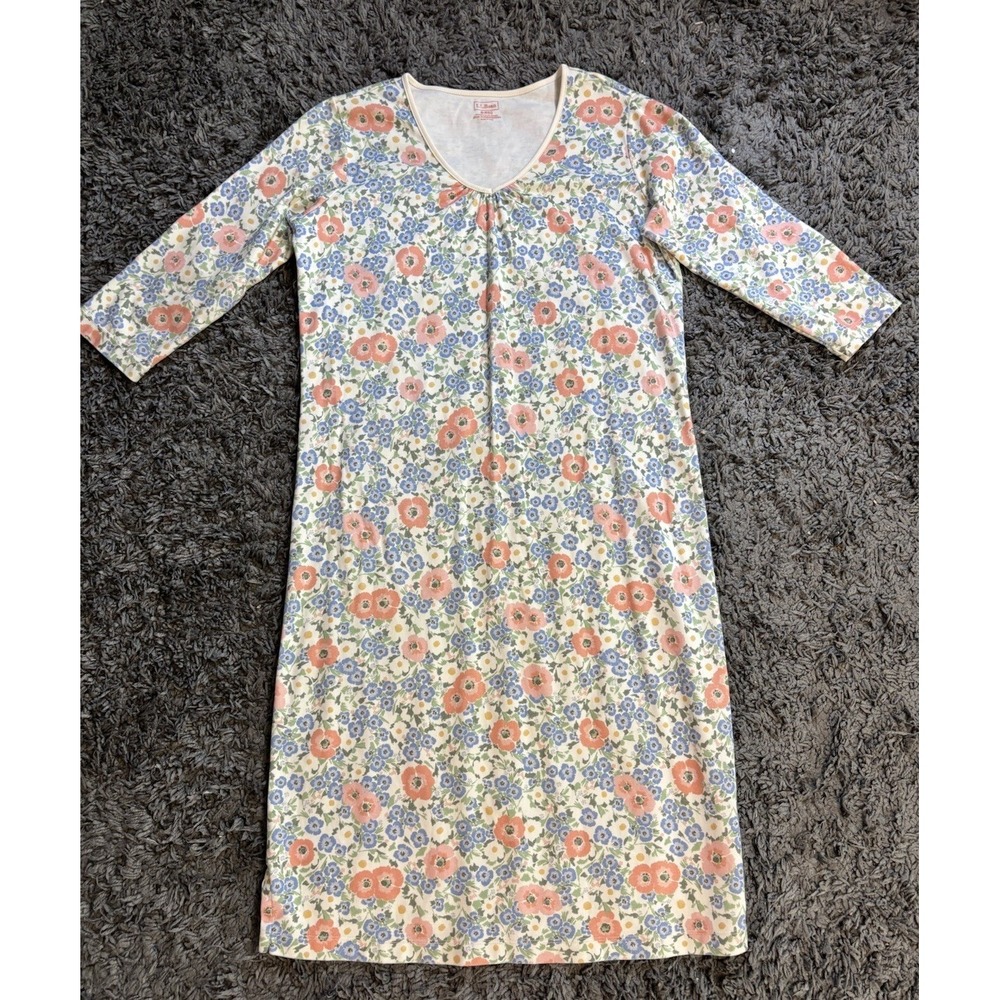 LL Bean Nightgown Supima Cotton V-Neck 3/4 Sleeve Floral Women's S Small Cottage